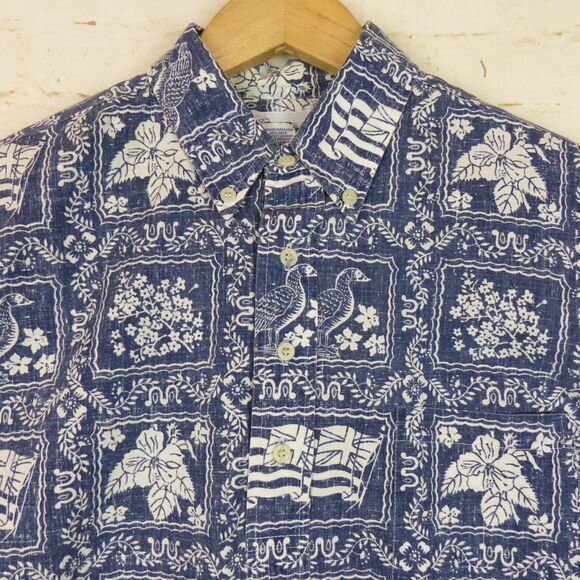 VTG 90s Reyn Spooner Lahaina Sailor Popover Men M Blue Denim Hawaiian Flag Beach - Picture 5 of 12